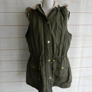 JADE & IVORY OLIVE GREEN VEST W/FUR HOOD SHERPA LINED SZ 2X